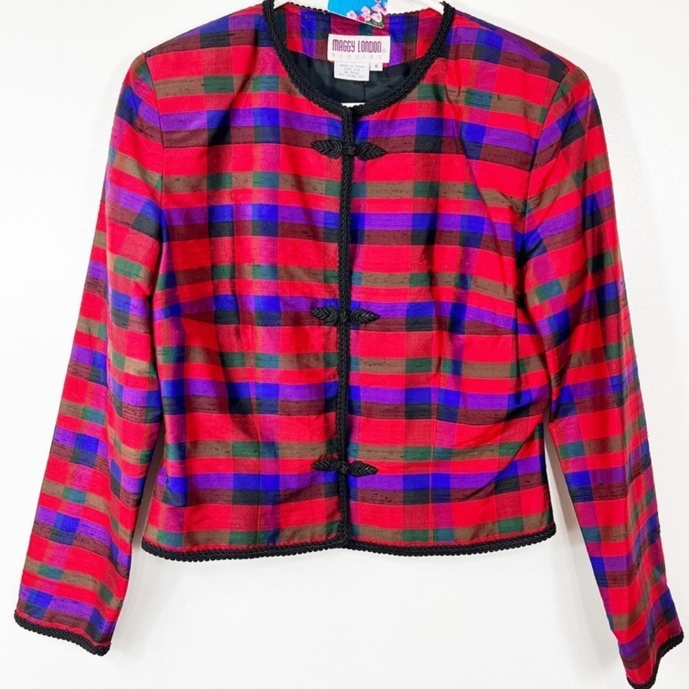 Maggy London Silk Plaid Blazer Jacket Y2K Vintage Size 6